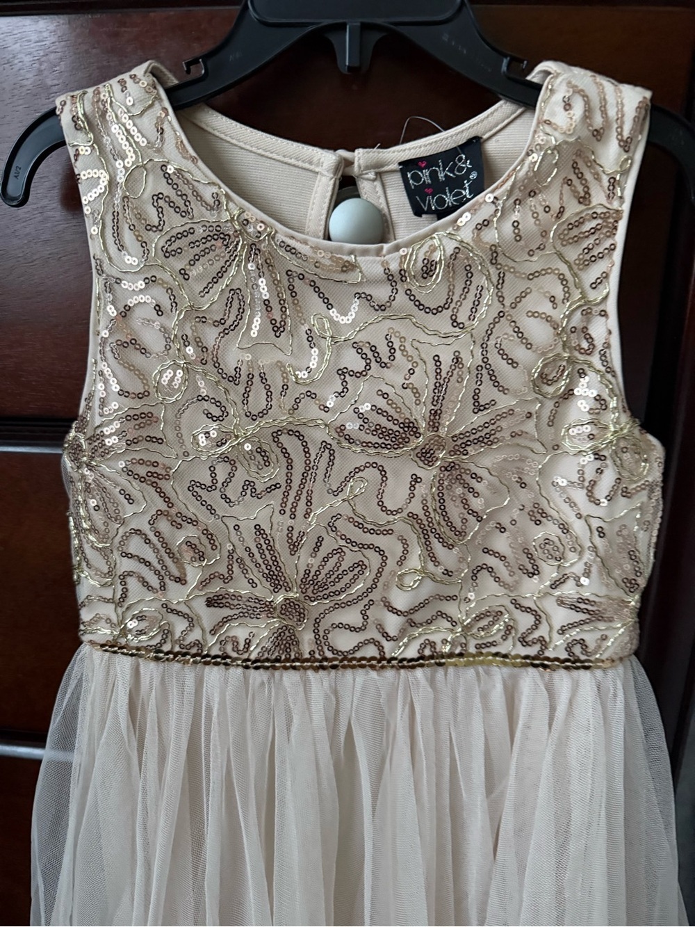 NWT Pink & Violet Girls Gold / Beige Sequin Tulle Party Dress with headband - Picture 3 of 5